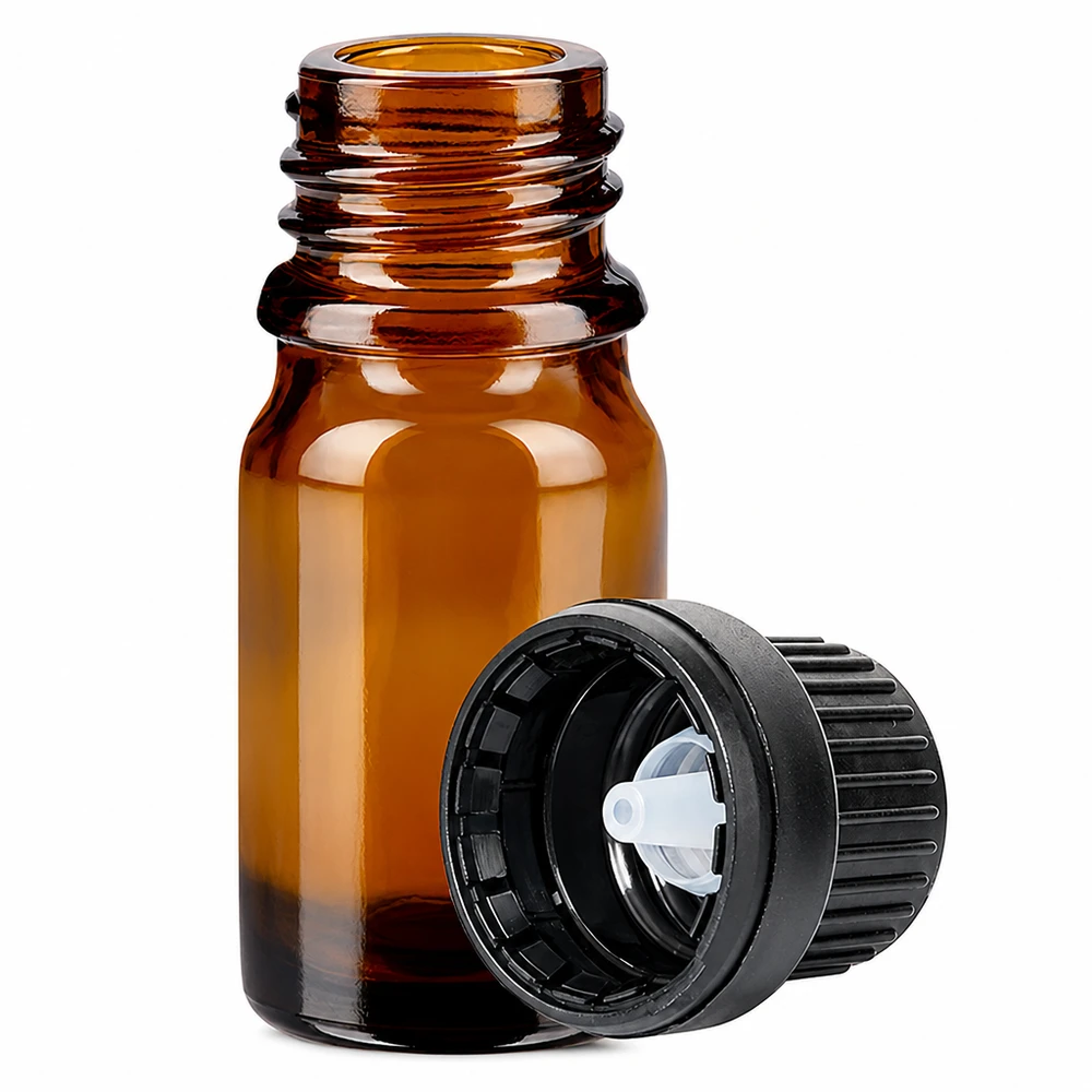 Butelka z zakraplaczem 5 ml 2 mm czarna OV BrownLine UT18/5 Butelka z bursztynowego szkła o pojemności 5 ml z zakraplaczem o średnicy 2 mm i czarną zakrętką do precyzyjnego dozowania.