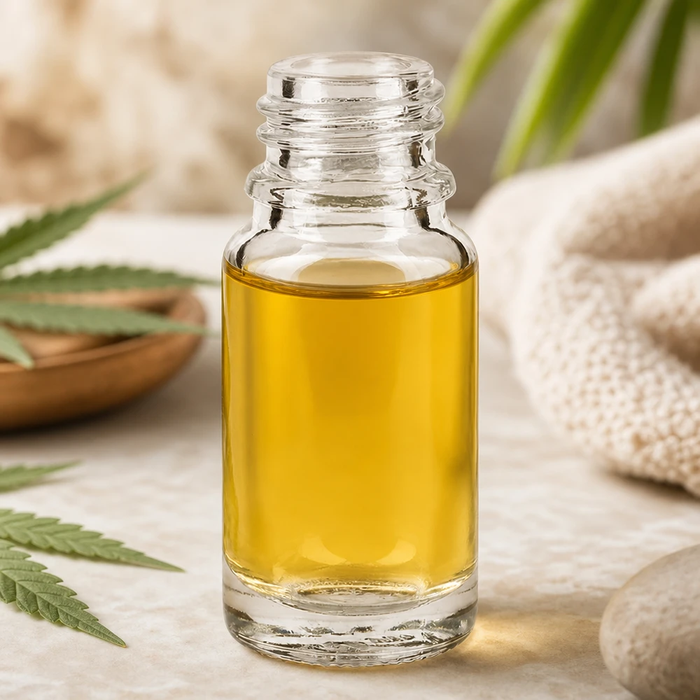 Przezroczysta butelka apteczna ClearLine DIN18 o pojemności 10 ml z żółtym olejem CBD na naturalnym tle