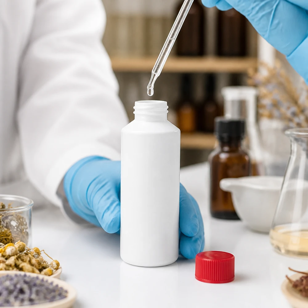 Butelka apteczna z HDPE o pojemności 100 ml, biała, z czerwoną zakrętką, w środowisku laboratoryjnym