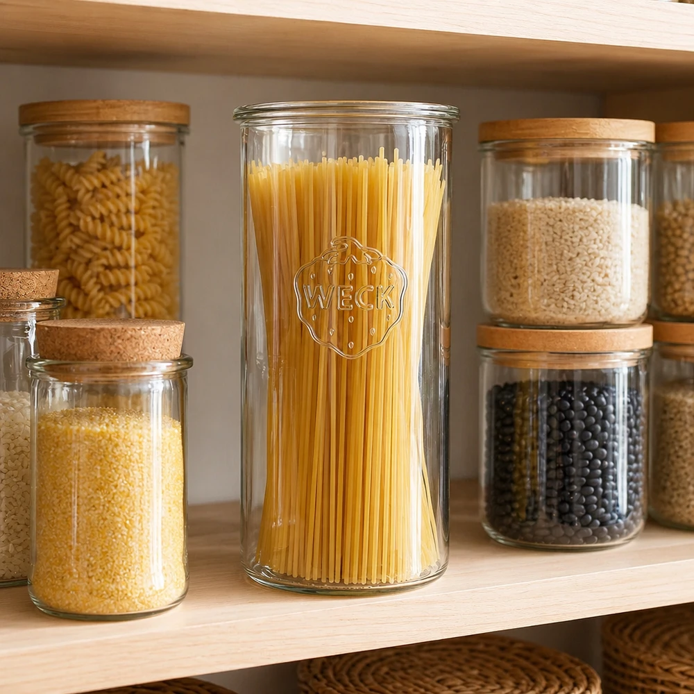 Słoik z zakrętką WECK RR100 o pojemności 1500 ml Słoiki WECK RR100 o pojemności 1500 ml wypełnione spaghetti, przechowywane w zorganizowanej spiżarni obok innych słoików.