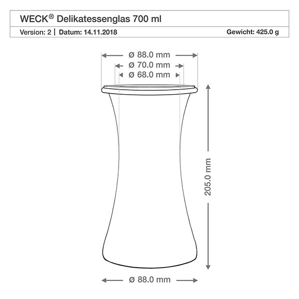 Zestaw 6 słoików delikatesowych Weck 700 ml ze szklanymi pokrywkami WECK słoik delikatesowy 700ml RR80 rysunek techniczny o wymiarach 88mm średnica 205mm wysokość Specyfikacja produktu