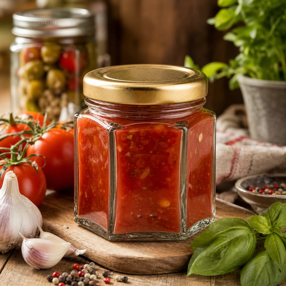 60 g sześciokątny słoik miodu wypełniony dżemem pomidorowym otoczonym świeżymi pomidorami, czosnkiem i bazylią