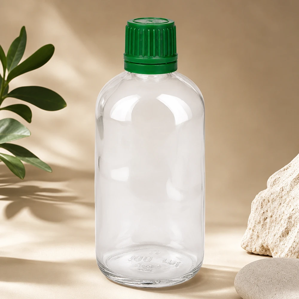 Przezroczysta butelka apteczna ClearLine o pojemności 100 ml z zieloną nakrętką zabezpieczoną przed dziećmi, 11 mm, SV OV