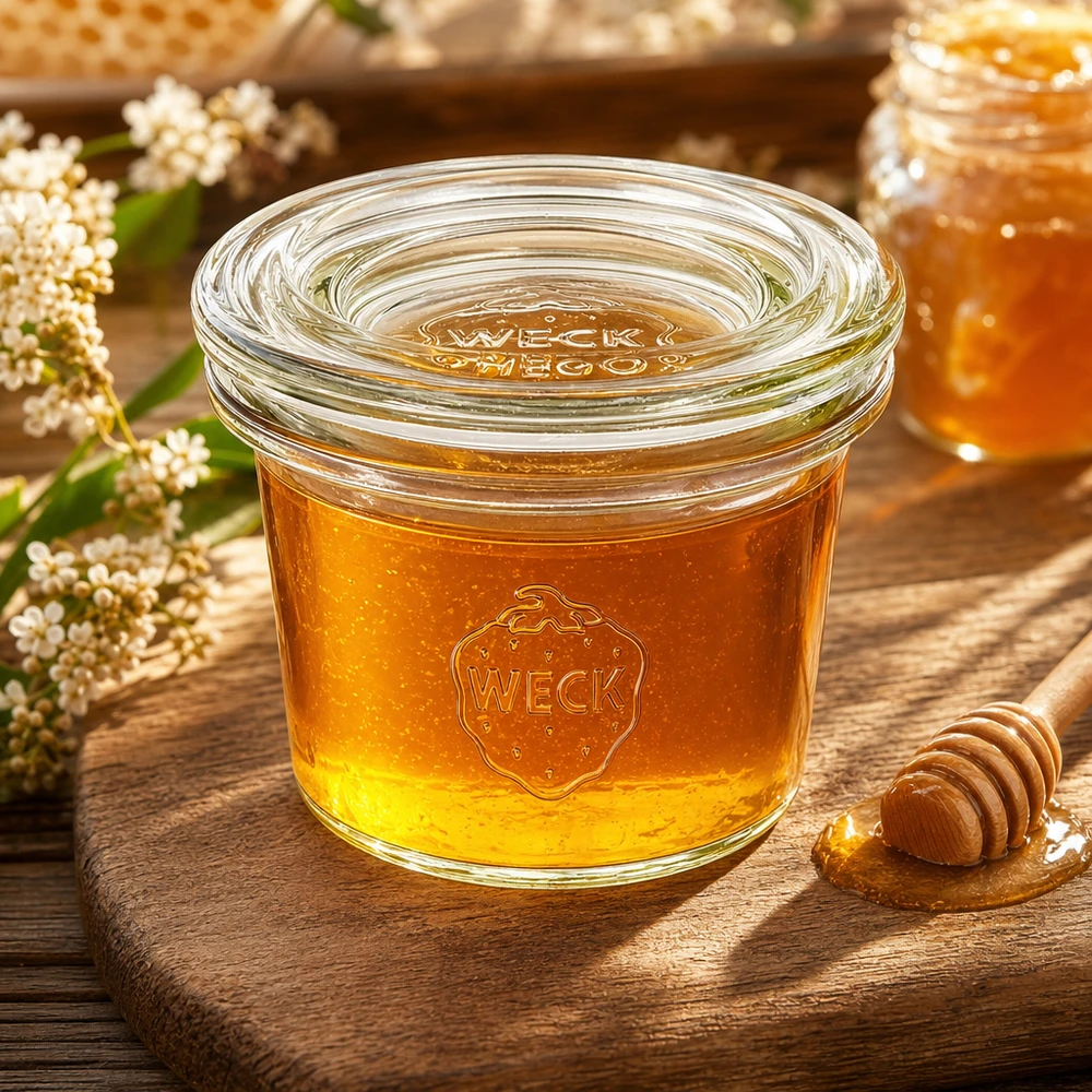 Kubki 35 ml ze szklaną pokrywką WECK RR40 WECK szklany słoik 35ml RR40 wypełniony miodem między kwiatami na drewnianej desce pokazuje naturalne użycie