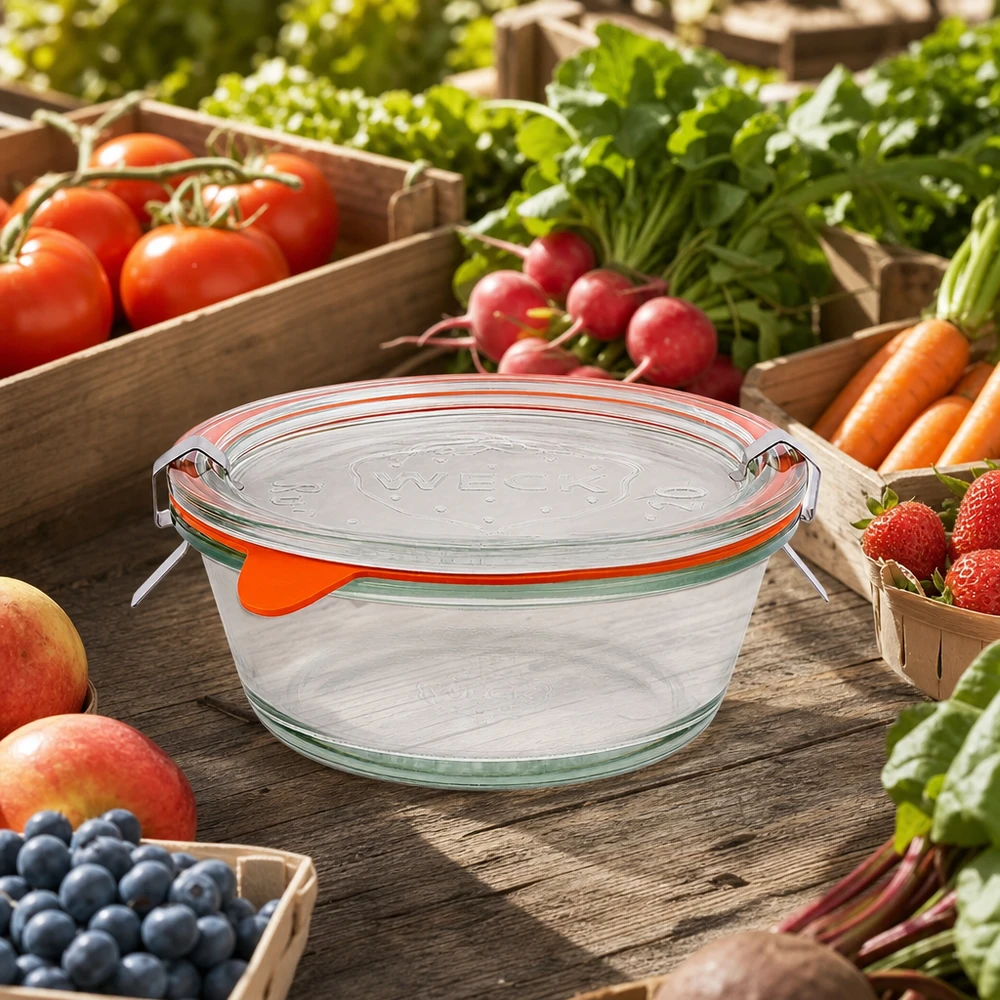 WECK gourmet słoik 300ml RR120 otoczony świeżymi warzywami z targu w drewnianych skrzynkach, zrównoważona konserwacja szkła