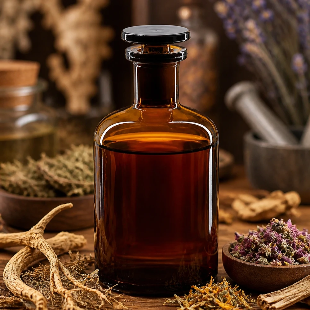 Butelka o zaokrąglonych ramionach, 100 ml, brązowa, z szklanym korkiem, otoczona suszonymi ziołami leczniczymi i korzeniami