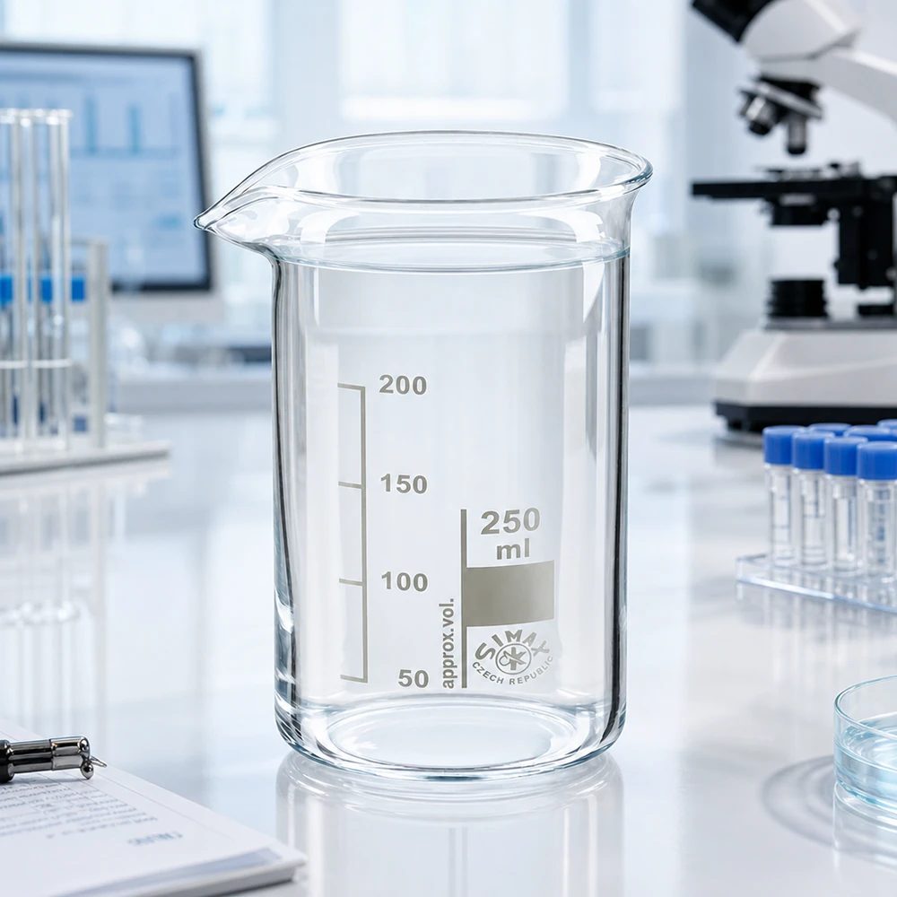 Zlewka 250 ml ze szkła borokrzemowego, wysoka Przezroczysta zlewka laboratoryjna o pojemności 250 ml, wysoka, wykonana ze szkła borokrzemowego SIMAX, z białą skalą