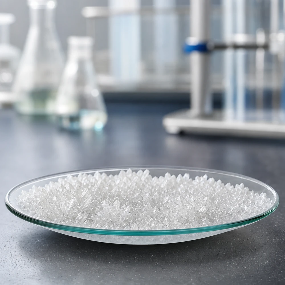 Szklana miska zegarka Ø 60 mm Okrągłe szklane naczynie 60 mm wypełnione białymi kryształami w profesjonalnym środowisku laboratoryjnym