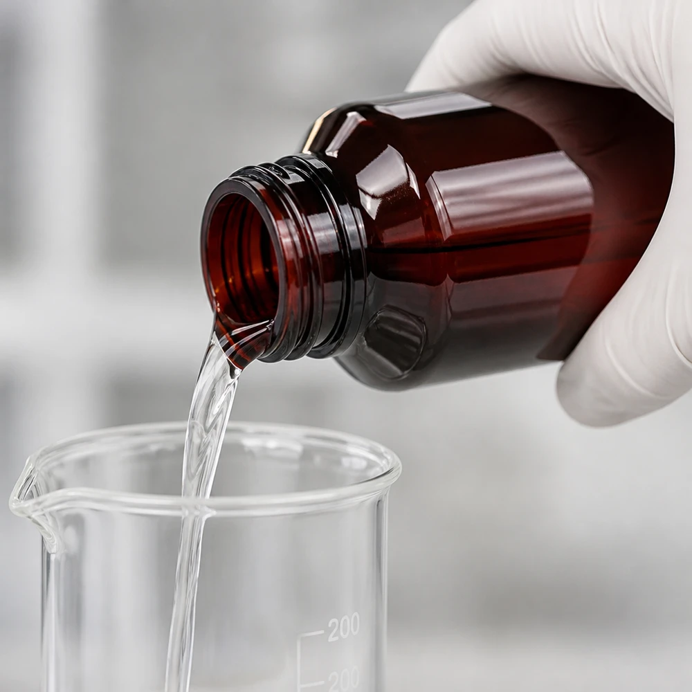 Butelka PET 50 ml z zieloną nakrętką OV Laborant przelewa przezroczysty płyn z brązowej butelki PET do zlewki z zieloną oryginalną nakrętką o pojemności 50 ml