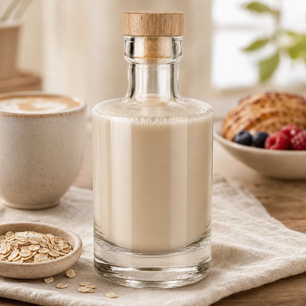 Butelka szklana 200 ml Marie z drewnianym korkiem UNiTWIST® 200ml Glasflasche Marie mit cremiger Hafermilch befüllt, Holzkorken, gemütliches Frühstücks-Ambiente mit Haferflocken un