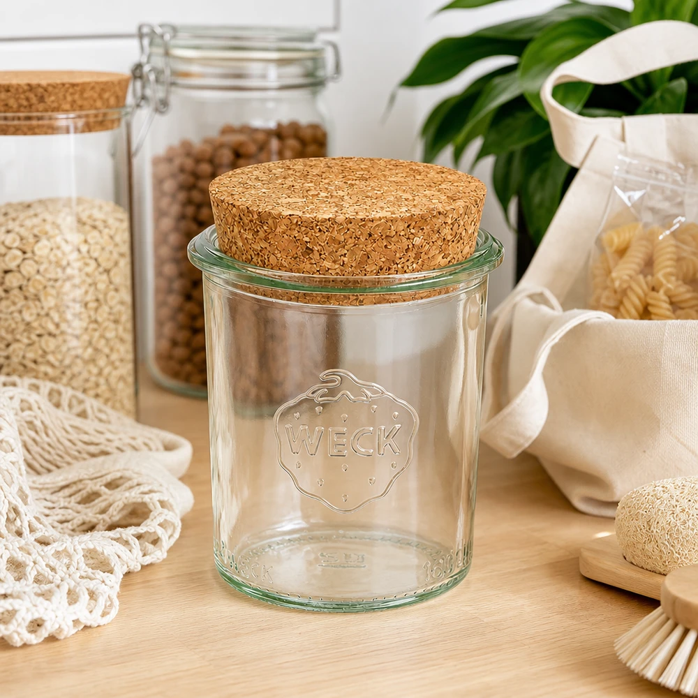 Słoik do przechowywania WECK 160 ml RR60 z korkową pokrywką w zrównoważonej kuchni bez odpadów między słoikami do przechowywania a naturalnymi tekstyliami
