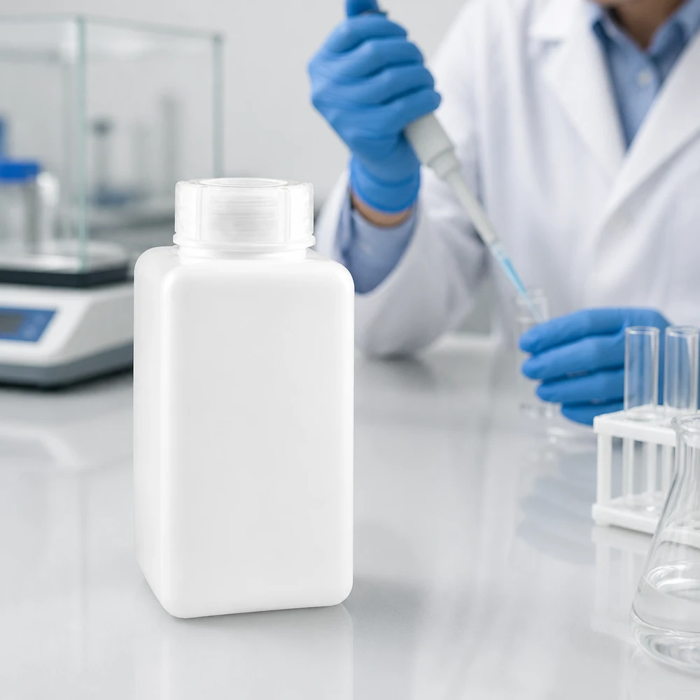 Prostokątna butelka na chemikalia z PE-HD o pojemności 1500 ml z szeroką szyjką, stojąca obok wagi laboratoryjnej na białym blacie roboczym