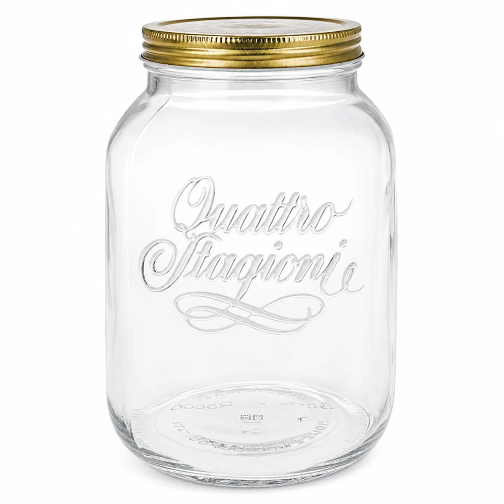 Słoik okrągły 3000 ml „Quattro Stagioni” z pokrywką Pusty okrągły słoik Quattro Stagioni o pojemności 3000 ml ze złotą zakręcaną pokrywką i wytłoczonym logo na białym tle