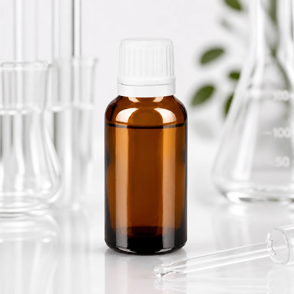 Butelka apteczna brązowa 20ml drip v. 1,2 mm biały OV Szklana butelka z kroplomierzem o pojemności 20 ml, z białym zakrętkiem, z serii sprzętu laboratoryjnego