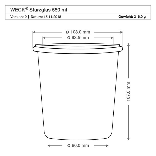 Kubki termiczne 580ml WECK RR100 z korkiem naturalne Rysunek techniczny kubka WECK 580ml RR100 o wymiarach średnica 108mm wysokość 107mm waga 316g