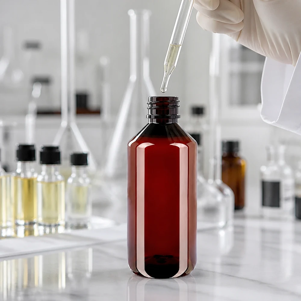 Butelka PET 1000ml z zieloną nakrętką OV Solidna butelka z tworzywa PET o pojemności 1000 ml, brązowa z zieloną nakrętką, przeznaczona do przechowywania chemikaliów laboratoryjnych