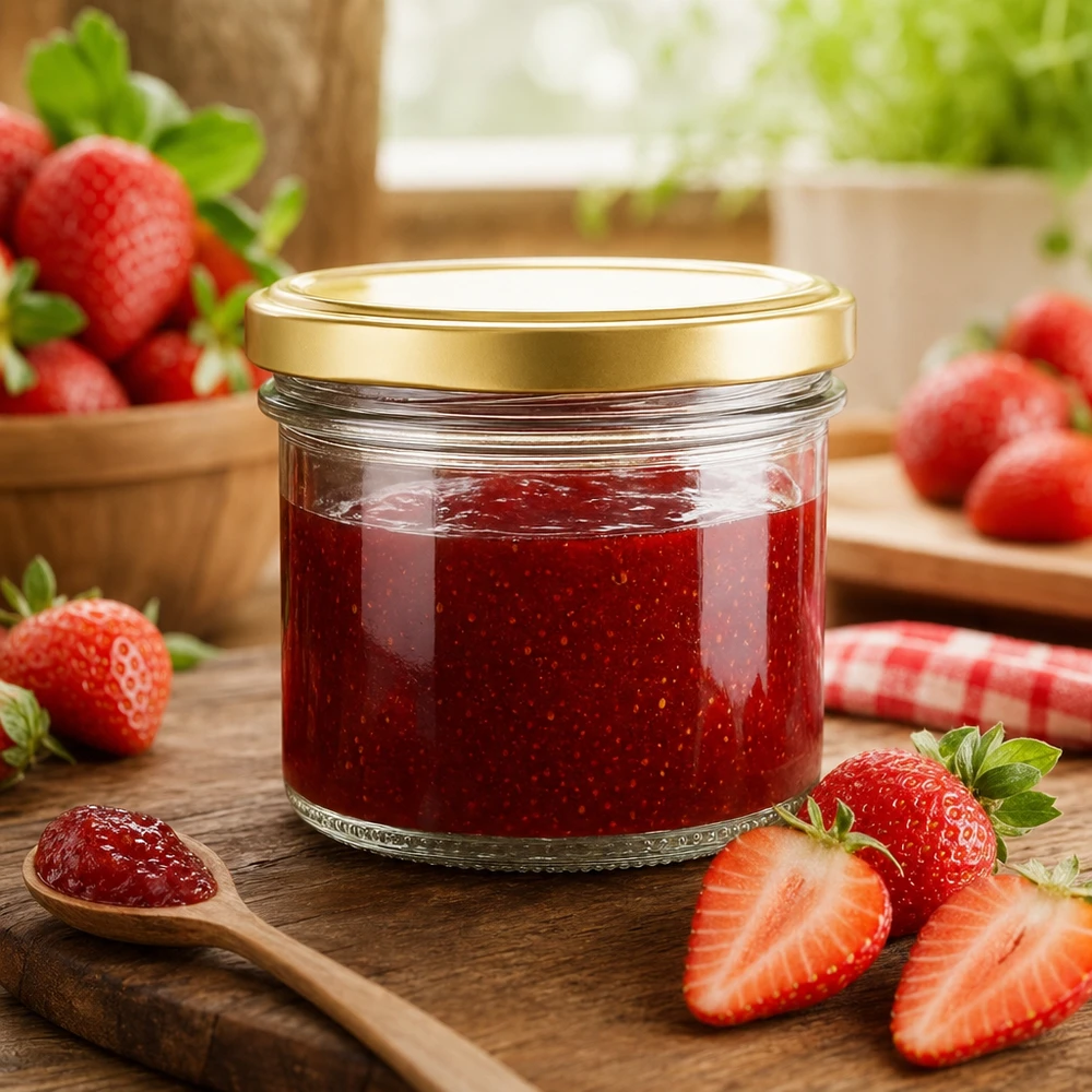 Słoik z pokrywką BasicSeal, złoty UNiTWIST 125ml Sturzglas mit goldenem BasicSeal Deckel gefüllt mit Erdbeermarmelade auf Holzbrett mit frischen Erdbeeren