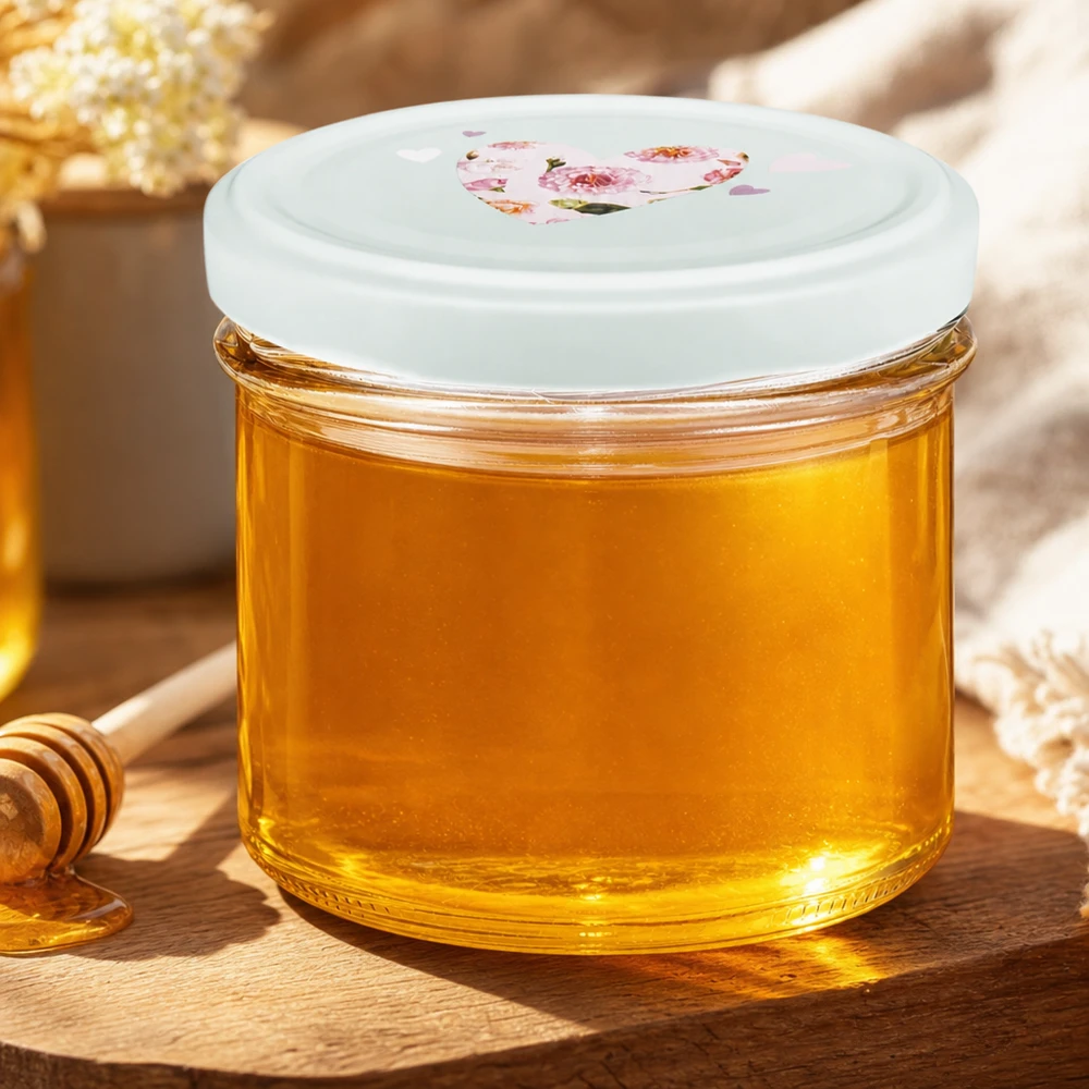 225 ml miętowego miodu BasicSeal wypełnionego złocistożółtym miodem na drewnianym stole z łyżką miodu
