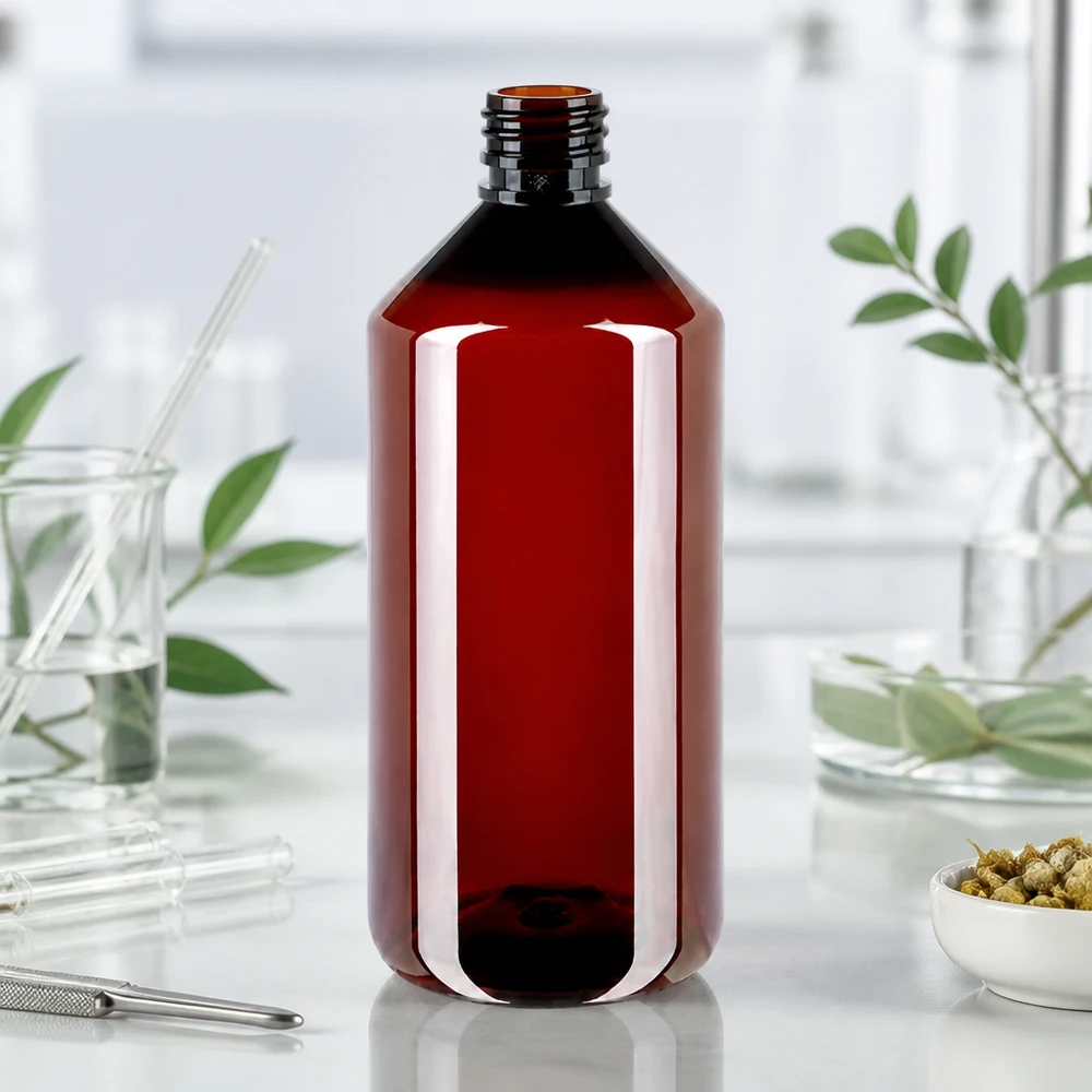 Przezroczysta butelka PET o pojemności 1000 ml w kolorze czerwono-brązowym z gwintem do zakrętki odgazowującej