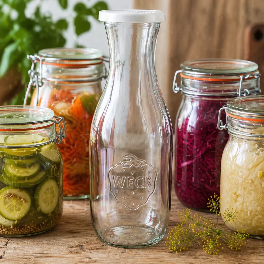 Butelka na sok o pojemności 1062 ml z pokrywką zachowującą świeżość WECK RR60 WECK Saftflasche 1062ml mit Frischedeckel als stilvolle Dekoration zwischen bunten Einmachgläsern mit eingelegtem Gemüse