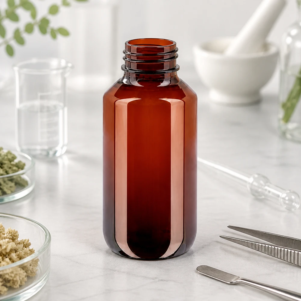 Schlanke 200ml Braun-PET Flasche mit Manipulationssicherung ideal für Flüssigarznei