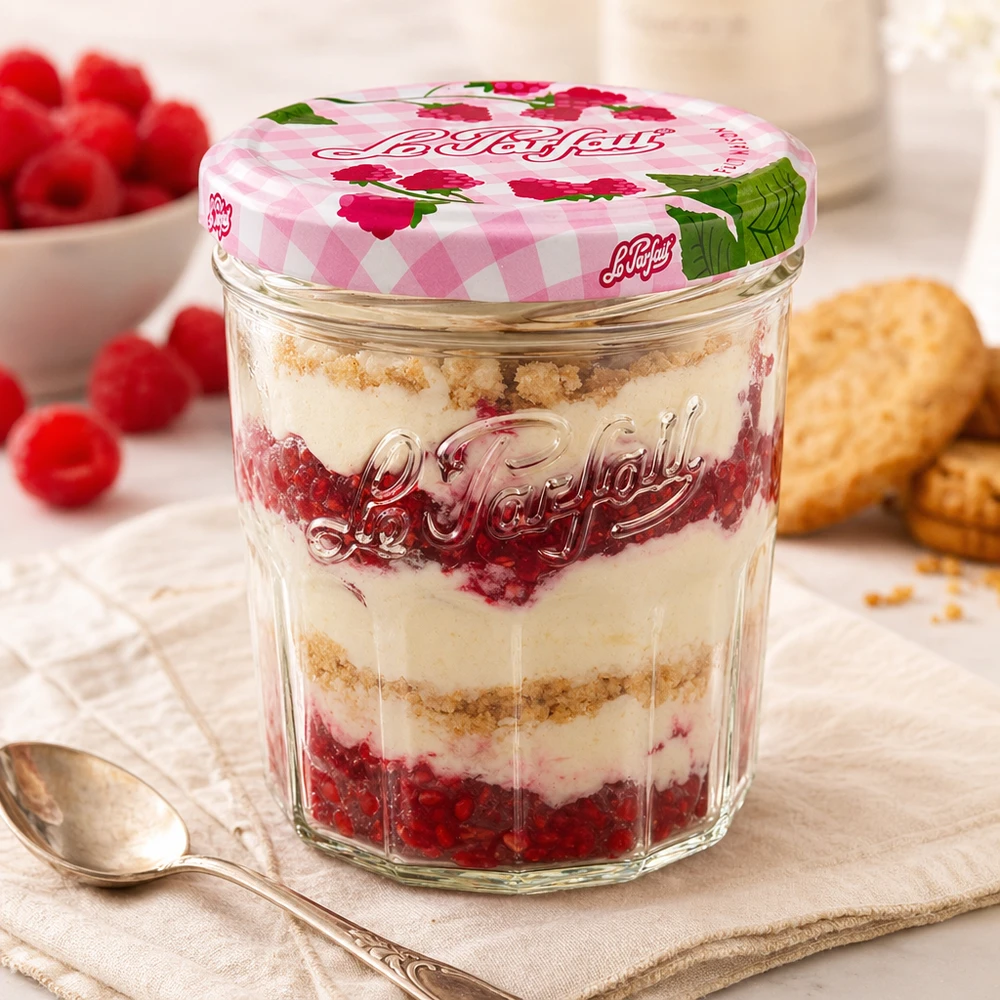 324ml Sturzglas "Jam" mit Schraubdeckel Le Parfait® Szklanki Le Parfait o pojemności 324 ml z deserem z malin i mascarpone oraz ozdobną zakrętką obok łyżeczki i herbatników.