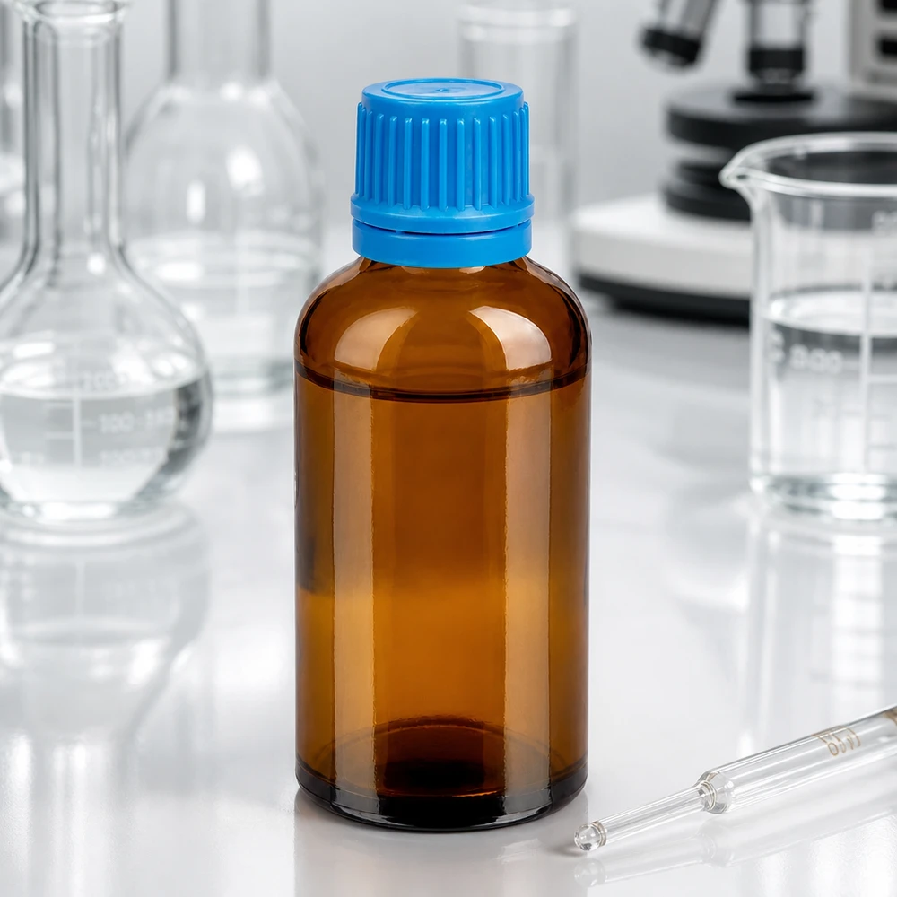 Wysokiej jakości szklana butelka 50 ml w kolorze brązowym z niebieską zakrętką do zastosowań laboratoryjnych i chemicznych