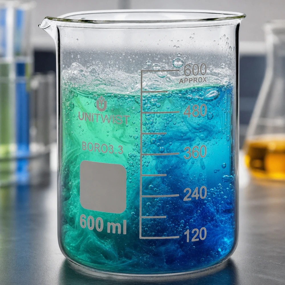 Zlewka 600 ml borokrzemianowa, niski kształt UNiTWIST Szklanka UNiTWIST 600 ml z borokrzemianu z zielono-niebieską reakcją barwną i tworzeniem się pęcherzyków