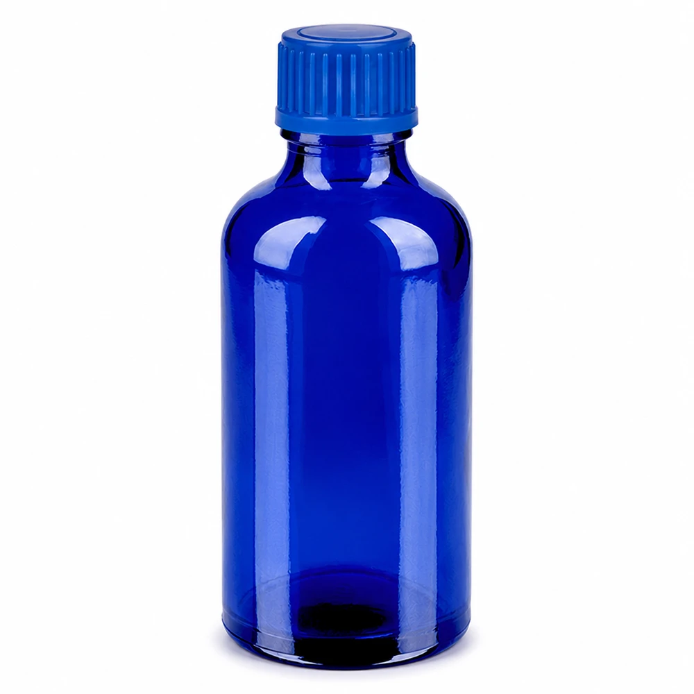 50 ml niebieska szklana butelka z zakrętką do aromaterapii i olejków eterycznych