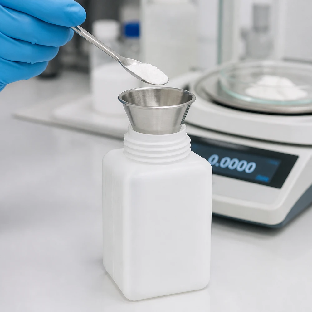 Butelka na chemikalia o pojemności 1000 ml, wykonana z PE-HD, z wąską szyjką, w kolorze naturalnym (białym), z lejkiem i wagą laboratoryjną w trakcie użytkowania