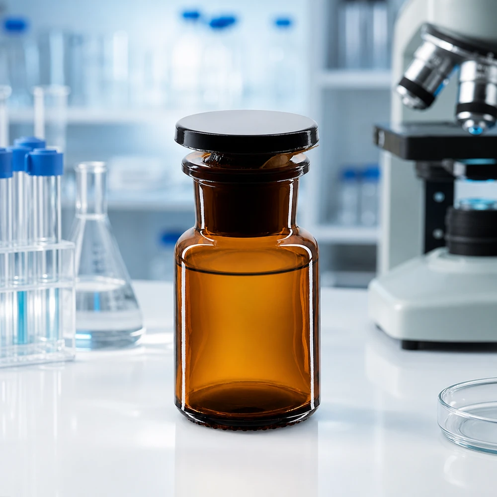 Okrągła butelka na ramię 50 ml z brązową szeroką szyjką i szklanym korkiem Butelka z ochroną przed światłem o pojemności 50 ml, z szeroką szyjką i szklanym korkiem, przeznaczona do profesjonalnych laboratoriów