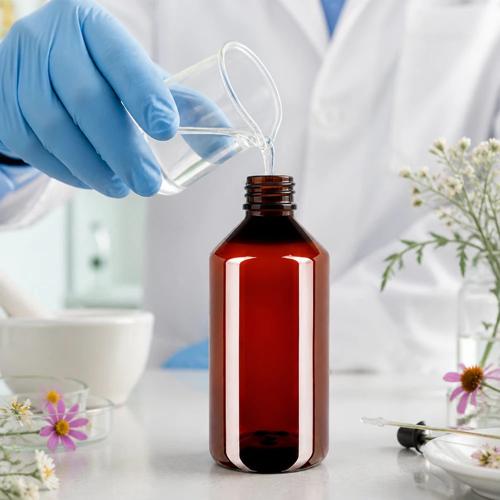 Butelka PET 750 ml z czarną nakrętką OV Okrągła butelka PET o pojemności 750 ml w kolorze bursztynowym z czarnym zamknięciem typu spray do płynów