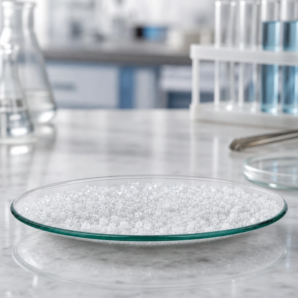 Okrągłe szklane naczynie 80 mm z białym proszkiem w nowoczesnym laboratorium do eksperymentów chemicznych