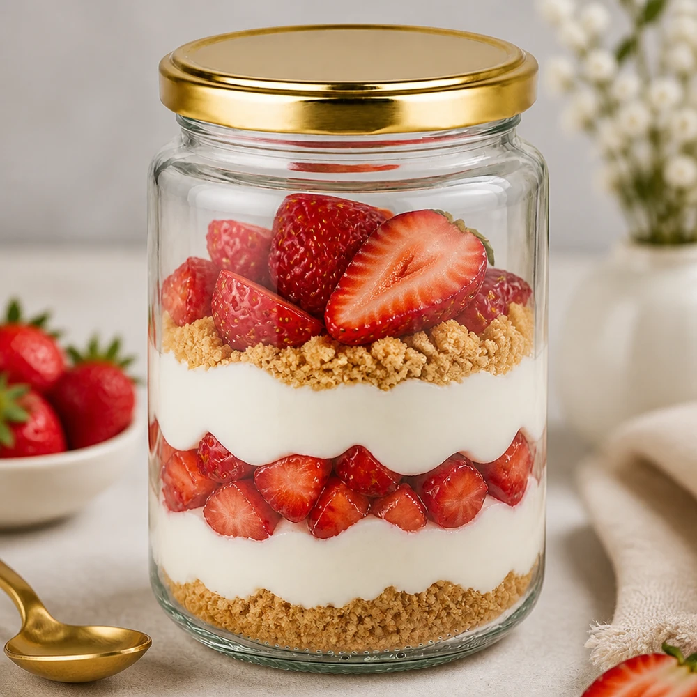 Okrągła szklanka o pojemności 382 ml ze złotą pokrywką jako szklanka deserowa z truskawkami i okruchami ciastek w eleganckiej oprawie kuchennej
