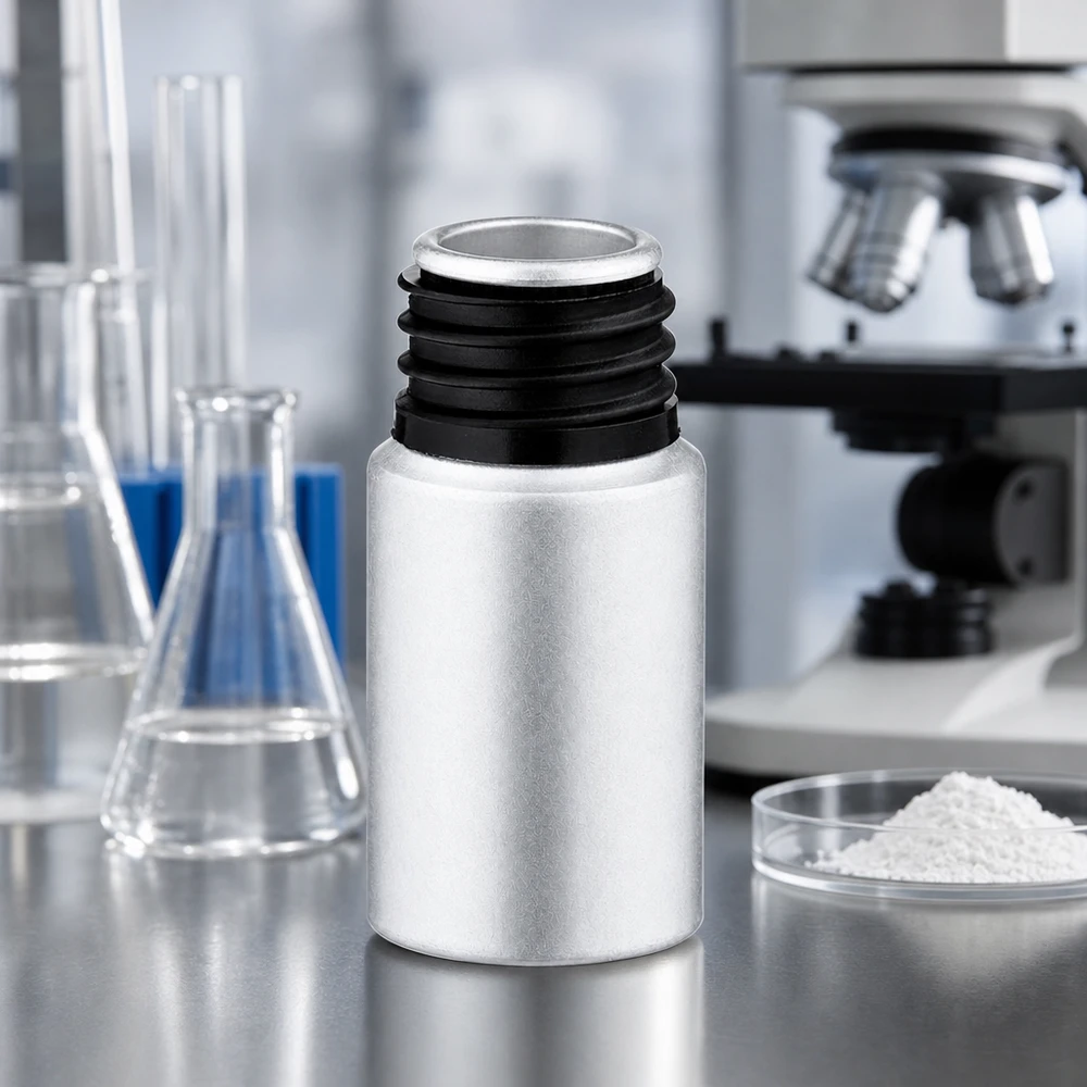 Kompaktowa butelka z wytrawionego aluminium o pojemności 10 ml, idealna do próbek laboratoryjnych i substancji chemicznych