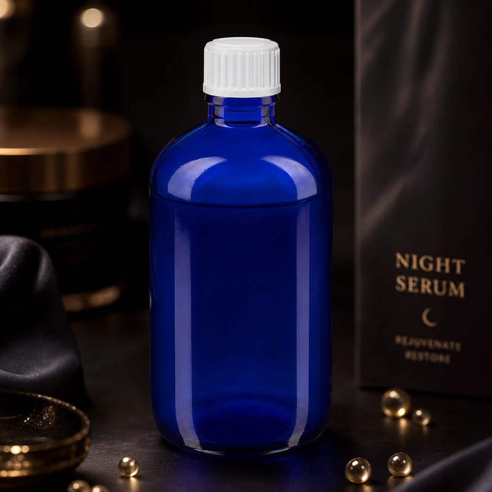 Butelka apteczna niebieska 100ml zakraplacz biały 0,8mm szt. Butelka z kroplomierzem chroniąca przed światłem, pojemność 100 ml, w kolorze kobaltowym, z precyzyjną wkładką dozującą 0,9 mm do serum