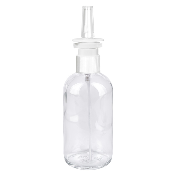 100 ml butelka z atomizerem do nosa z przezroczystym dozownikiem STD ClearLine UT18/100 Przezroczysta butelka z atomizerem do nosa ClearLine o pojemności 100 ml z białą głowicą rozpylającą i nasadką do nosa