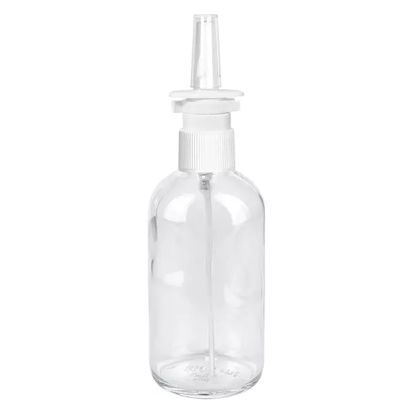 100 ml butelka z atomizerem do nosa z przezroczystym dozownikiem STD ClearLine UT18/100 Przezroczysta butelka z atomizerem do nosa ClearLine o pojemności 100 ml z białą głowicą rozpylającą i nasadką do nosa