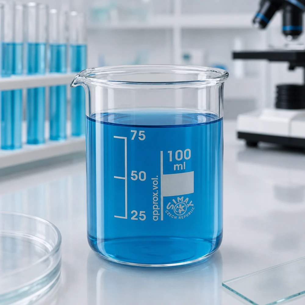 Zlewka 100 ml ze szkła borokrzemowego, niski kształt Zlewka laboratoryjna o pojemności 100 ml wykonana z odpornego na wysokie temperatury szkła borokrzemowego do precyzyjnych pomiarów