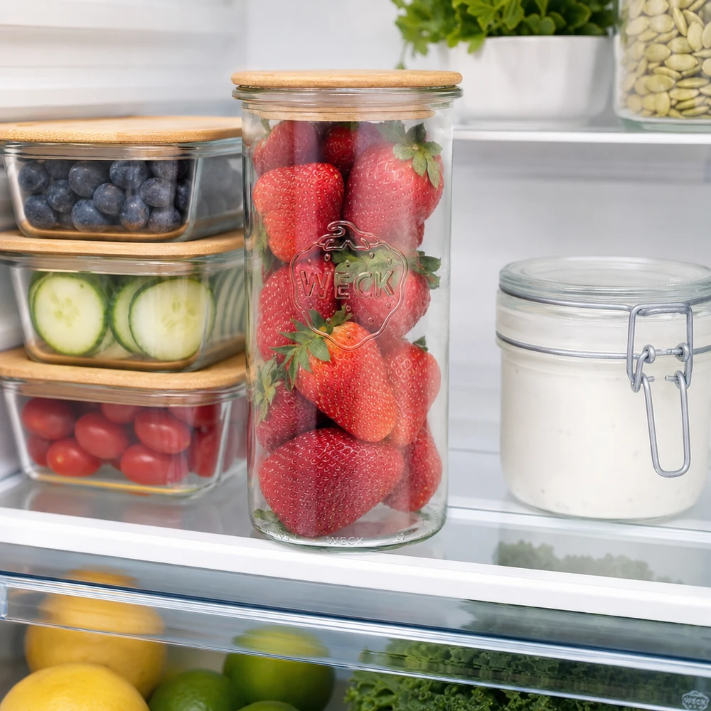 Kubki WECK RR100 o pojemności 1500 ml z drewnianą pokrywką WECK Sturzglas 1500ml RR100 mit Holzdeckel im Kühlschrank gefüllt mit frischen Erdbeeren für Frischhaltung