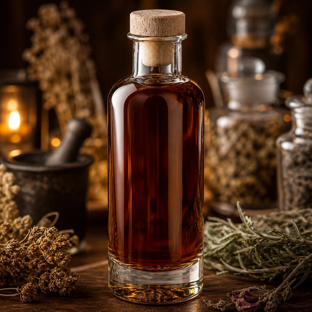 Szklana butelka 200 ml Ella z drewnianym korkiem z uchwytem UNiTWIST® 200ml Glasflasche Ella mit Holzkorken gefüllt mit braunem Elixier in rustikaler Alchemisten-Atmosphäre mit Kräutern