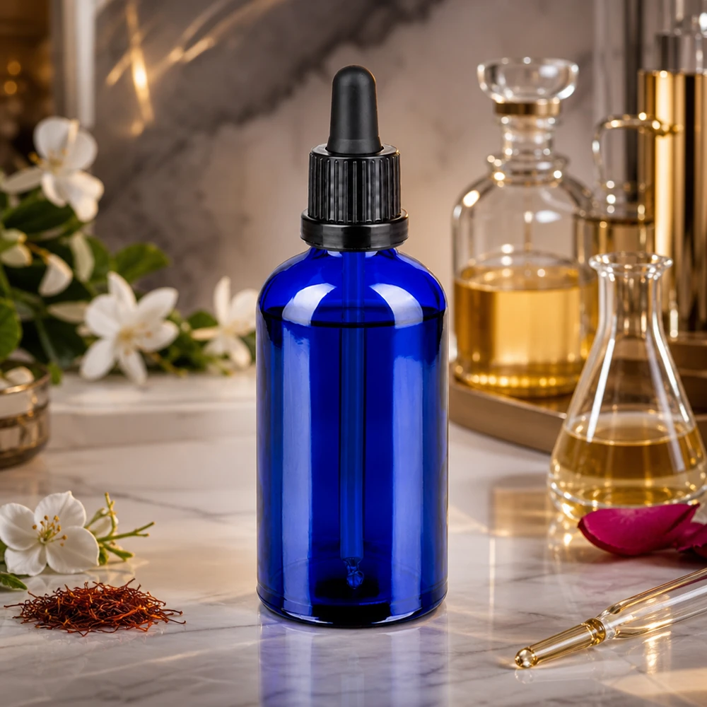 100 ml butelka z pipetą czarna OV BlueLine UT18/100 Elegancka niebieska butelka z pipetą o pojemności 100 ml wykonana z wytrzymałego szkła z ergonomicznym czarnym zakraplaczem