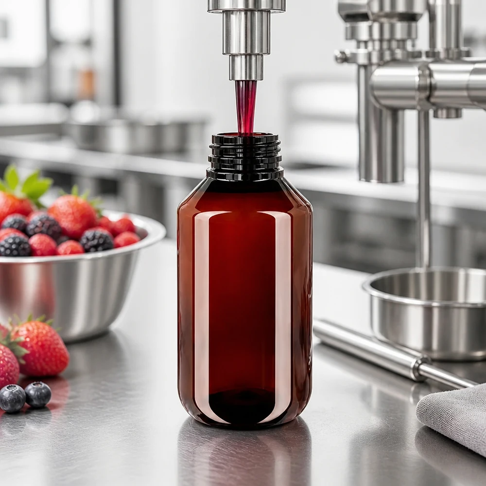 Lichtschutzflasche 100ml aus PET mit Standardverschluss beim maschinellen Befüllen mit Beerenextrakt