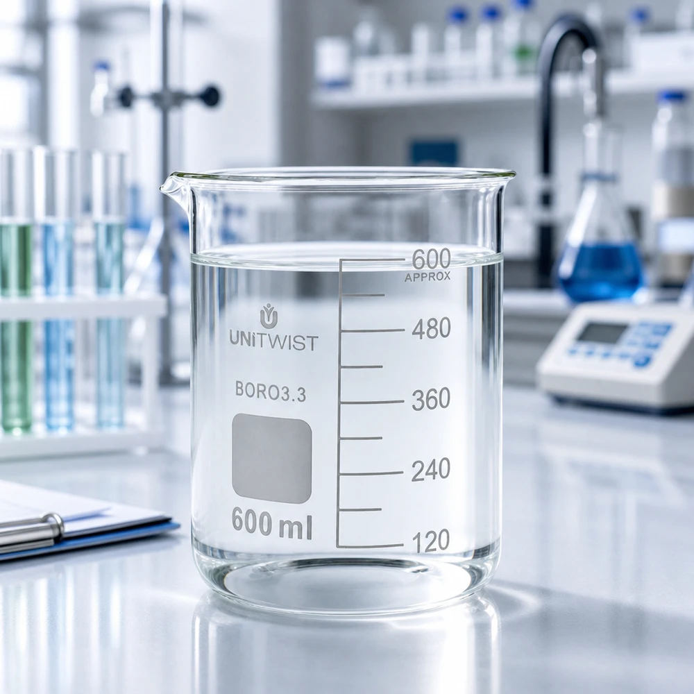 Zlewka 600 ml borokrzemianowa, niski kształt UNiTWIST Pusta szklanka UNiTWIST o pojemności 600 ml, ze szkła borokrzemowego 3.3, o niskim profilu, przezroczysta, laboratoryjna