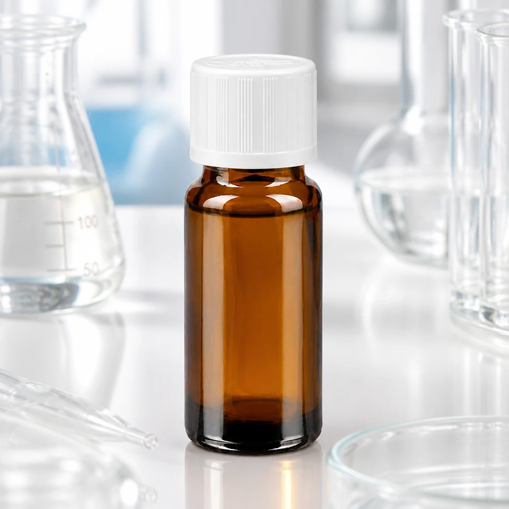 Szklana buteleczka o pojemności 10 ml w kolorze bursztynowym z białym zamknięciem zabezpieczającym w warunkach laboratoryjnych