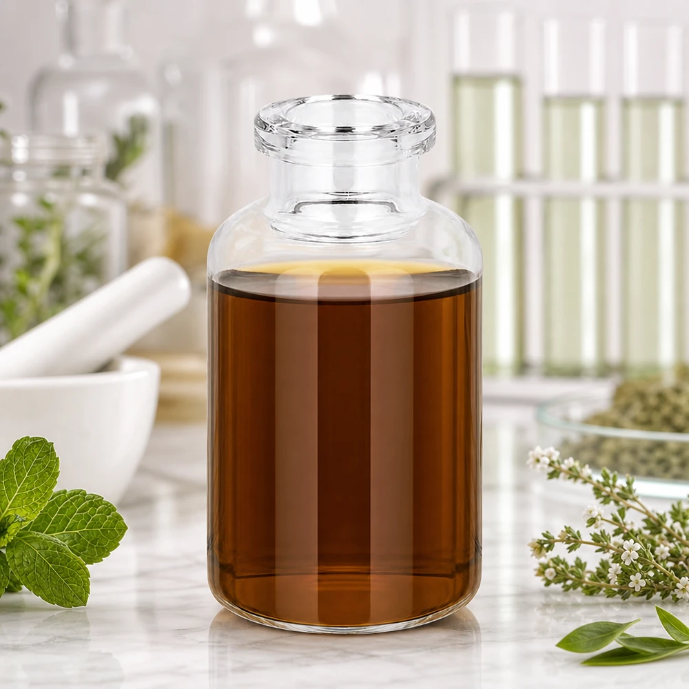 Butelka iniekcyjna z przezroczystego szkła 20 ml Injektionsflasche 20ml Klarglas mit dunkelbraunem Pflanzenextrakt und Minze Thymian Dekoration
