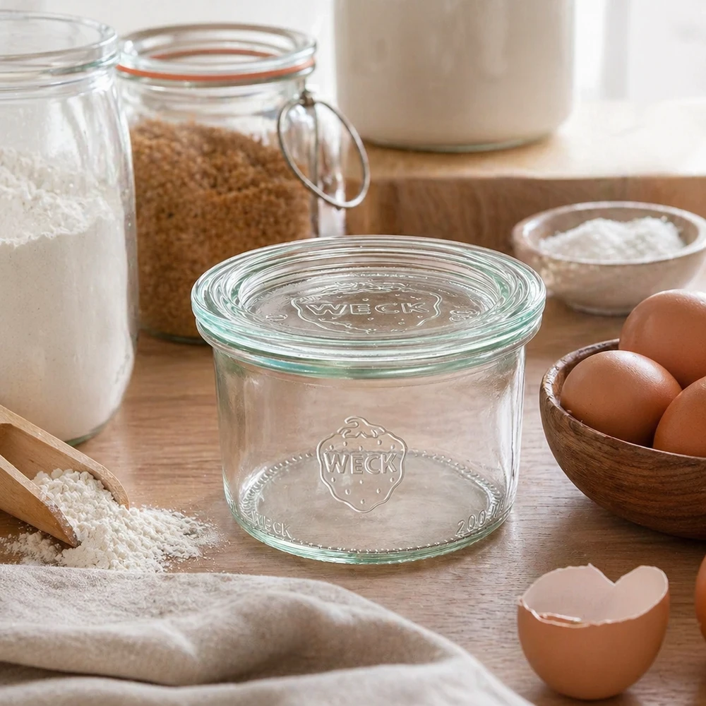 Słoik WECK 200ml RR80 ze szklaną pokrywką w rustykalnej kuchni między składnikami do pieczenia, mąką, jajkami i słoikami do przechowywania