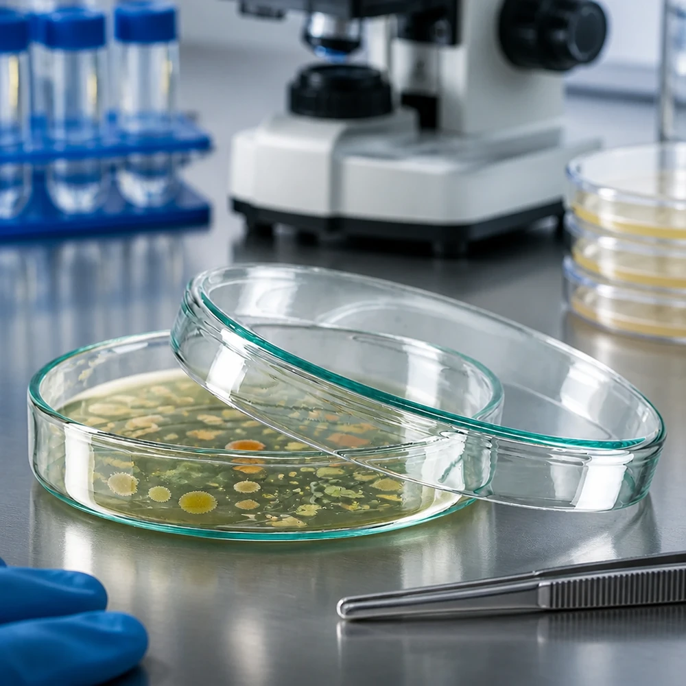 Szalki Petriego 100 x 20 mm ze szkła z hodowlami bakterii na pożywce w laboratorium mikrobiologicznym