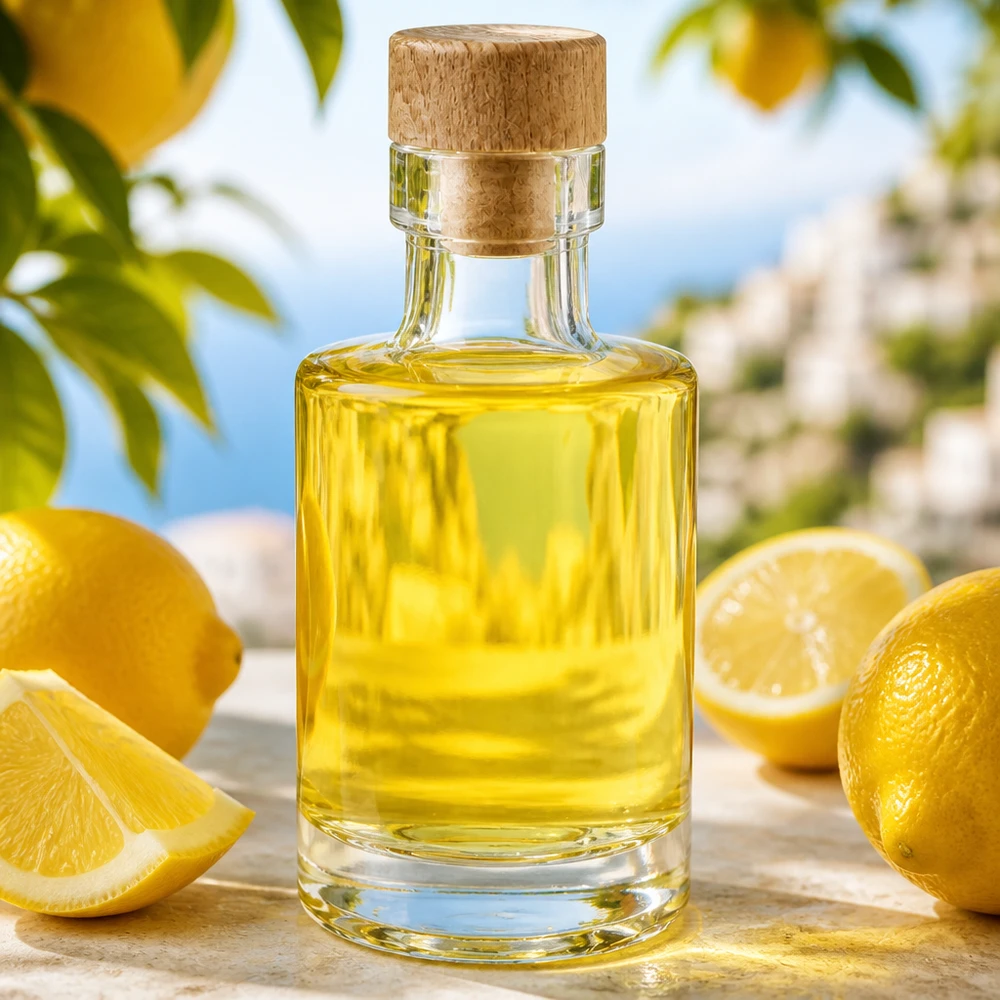 100 ml szklana butelka Marie z drewnianym korkiem wypełniona żółtym olejem otoczonym cytrynami w śródziemnomorskiej atmosferze