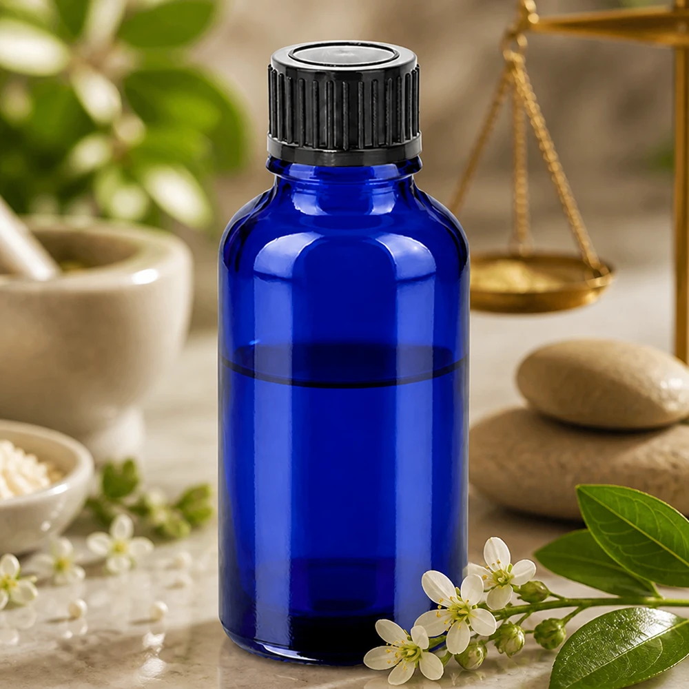 Butelka 30 ml, 11 mm SV, czarna STD BlueLine UT18/30 30 ml niebieska szklana butelka z czarną nakrętką idealna do kosmetyków DIY i naturopatii